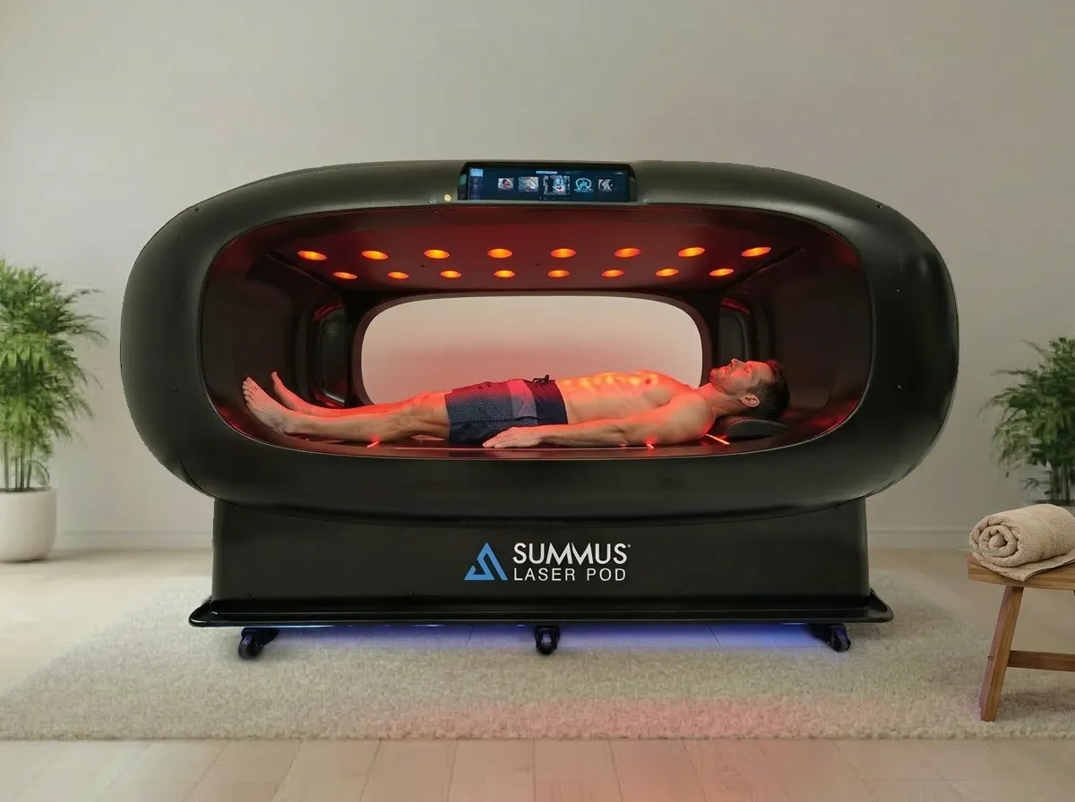 Patient experiencing whole-body laser therapy inside the Class IV Laser Pod at IVRS Wellness Center Amarillo